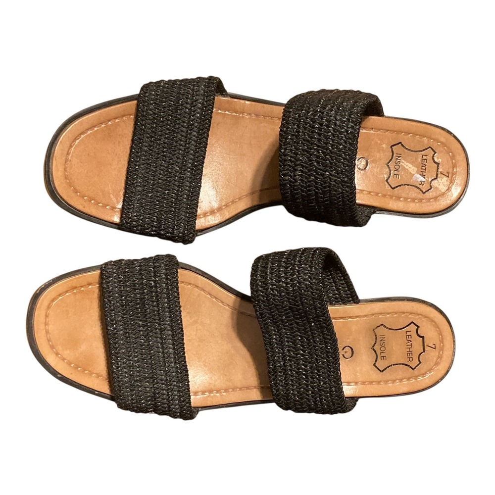 Callisto of California Womens Black Woven Block Heel Slide Sandals Sz 7 Leather